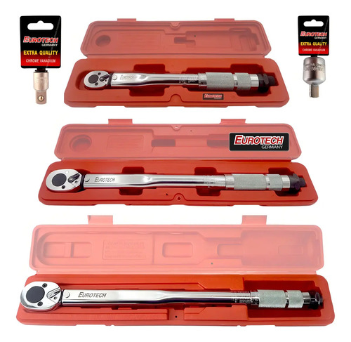 3 Torquimetros Encastres 1/2 3/8 1/4 + 2 Adaptadores 3/8-1/2 Y 3/8-1/4 | Eurotech
