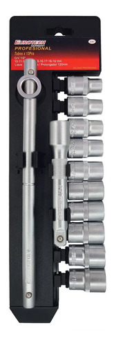 Juego 10 Tubos Dados Encastre 1/2 De 10-19mm + Prolongador + Barra Corrediza | Eurotech