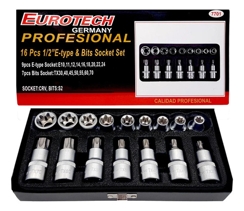 Torx - 16 Dados Y Puntas - Macho Hembra | Encastre 1/2 | En Acero S2 | Eurotech