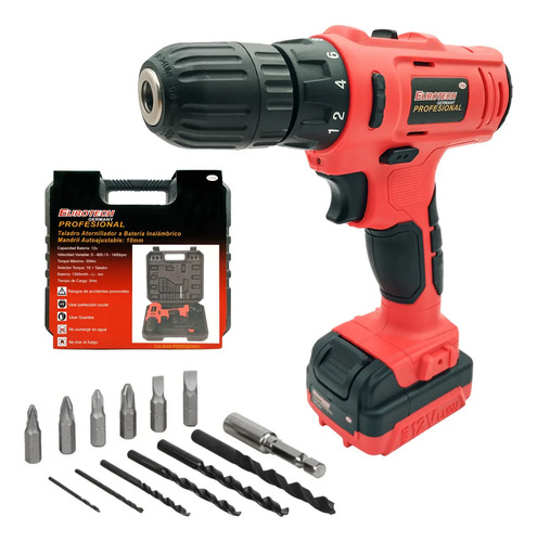Taladro Atornillador Bateria 10mm 12v 35nm 1400rpm Eurotech Rojo